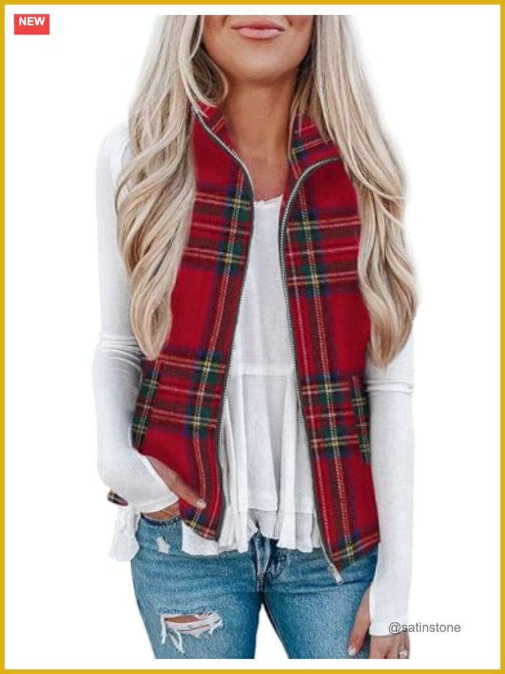 Women's Sleeveless Plaid Zip Up Vests with Pockets Lightweight Flannel